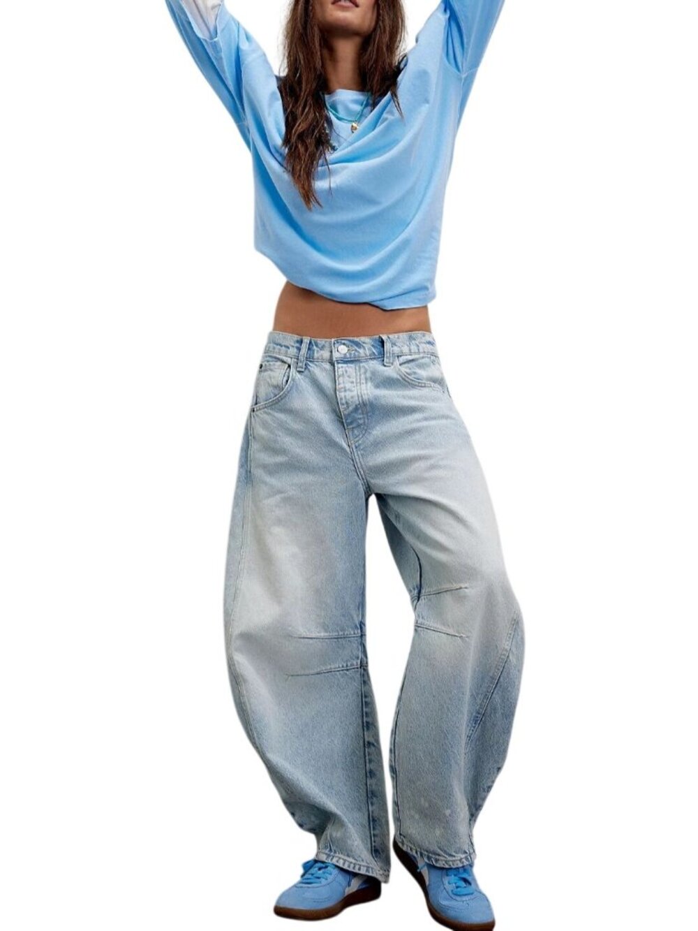 Free People We The Free Good Luck Mid Rise Barrel Jeans Aegean Blue Size 31